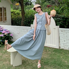 法式蓝色无袖上衣套装裙女夏可盐可甜名媛韩系高级感轻熟风两件套，女装套装/套裙，2C129