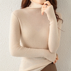 2025年秋季新款百搭女士长袖高领纯色针织衫，女装针织衫/毛衣，丹芙娇羊绒