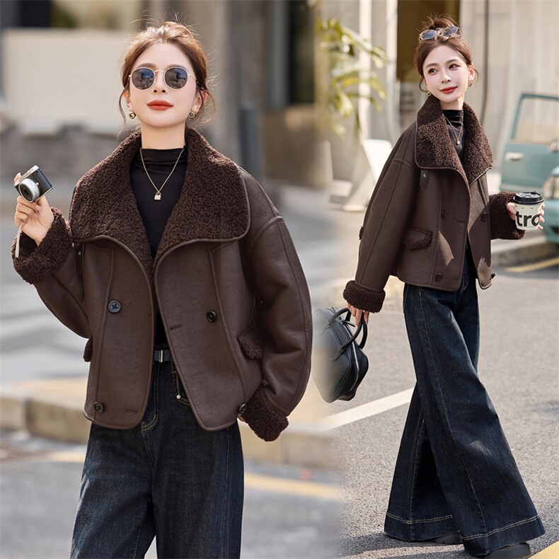 2025冬季女新款宽松显瘦百搭休闲保暖皮毛一体翻领外套,女装皮衣,自然秀