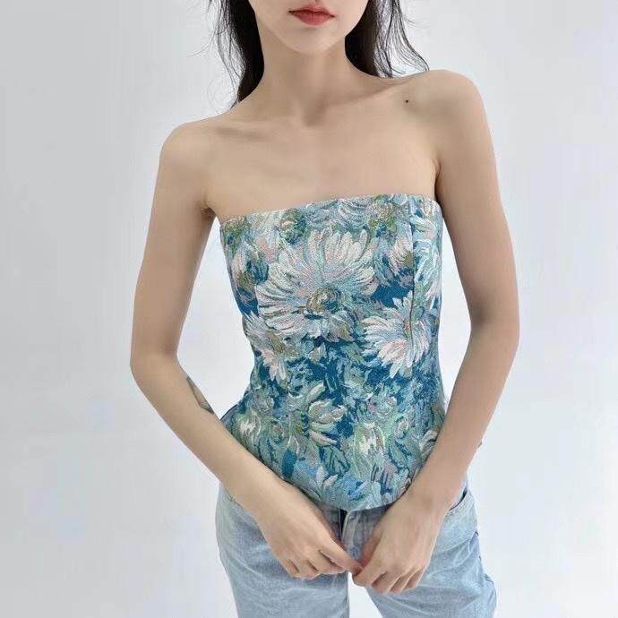 蓝色油画抹胸上衣，抹胸，HE