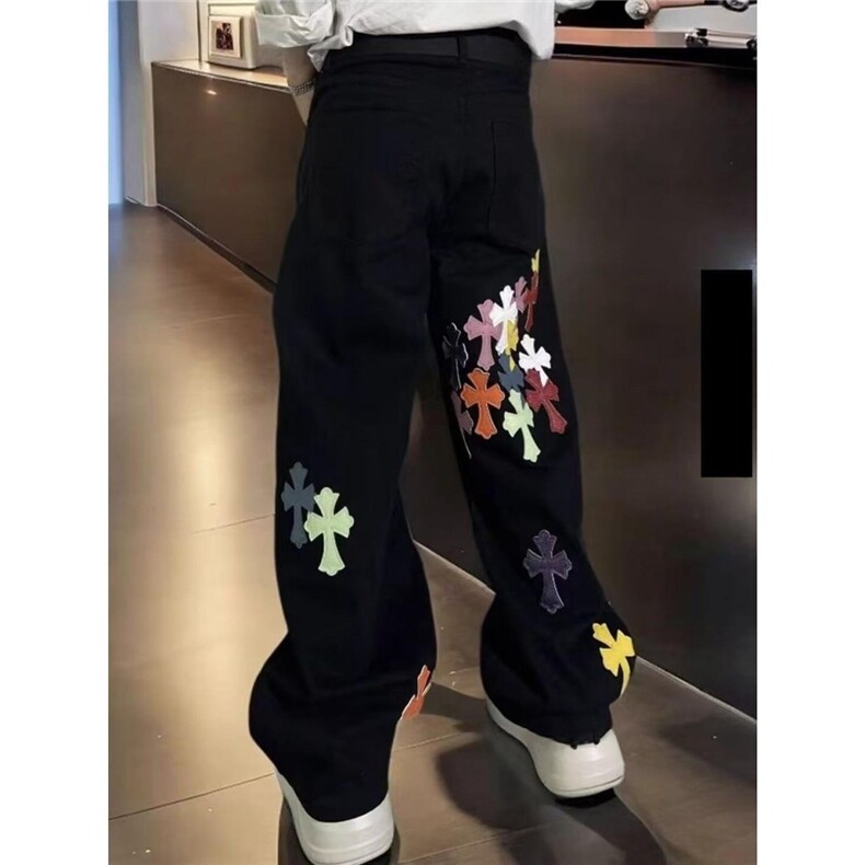 网络图现货潮牌新款慵懒加长彩色拼皮十字架阔腿牛仔裤J2041-P46,男装牛仔裤,星座715-7
