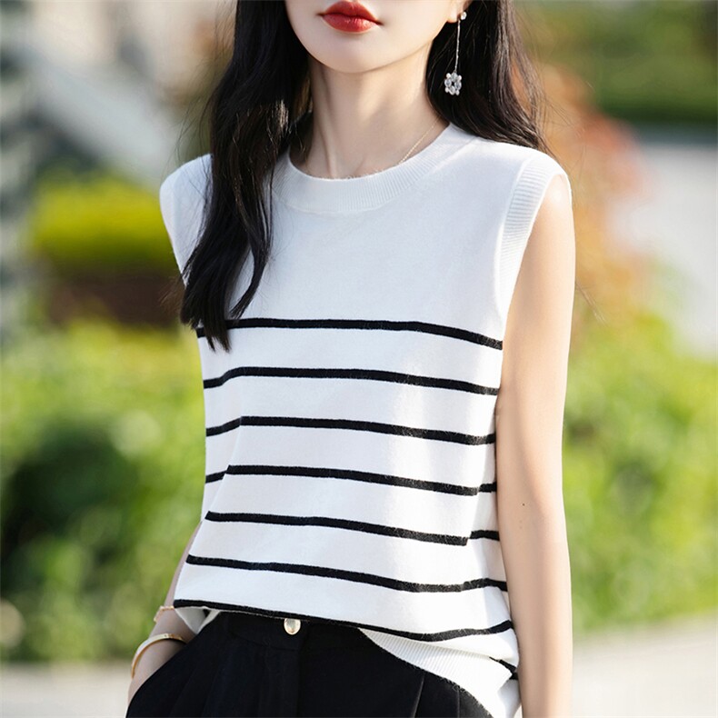 经典黑白条纹圆领无袖吊带背心女夏冰丝外穿内搭打底T恤百搭上衣,女装背心吊带,斯美雅安迪绒