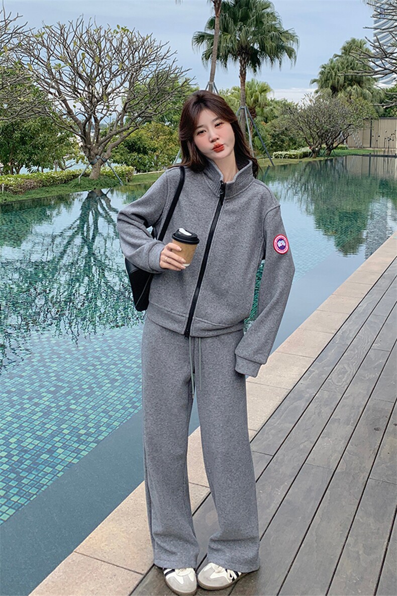 灰色休闲运动卫衣套装女2025春季新款韩系超火减龄阔腿长裤两件套,女装套装/套裙,2C029