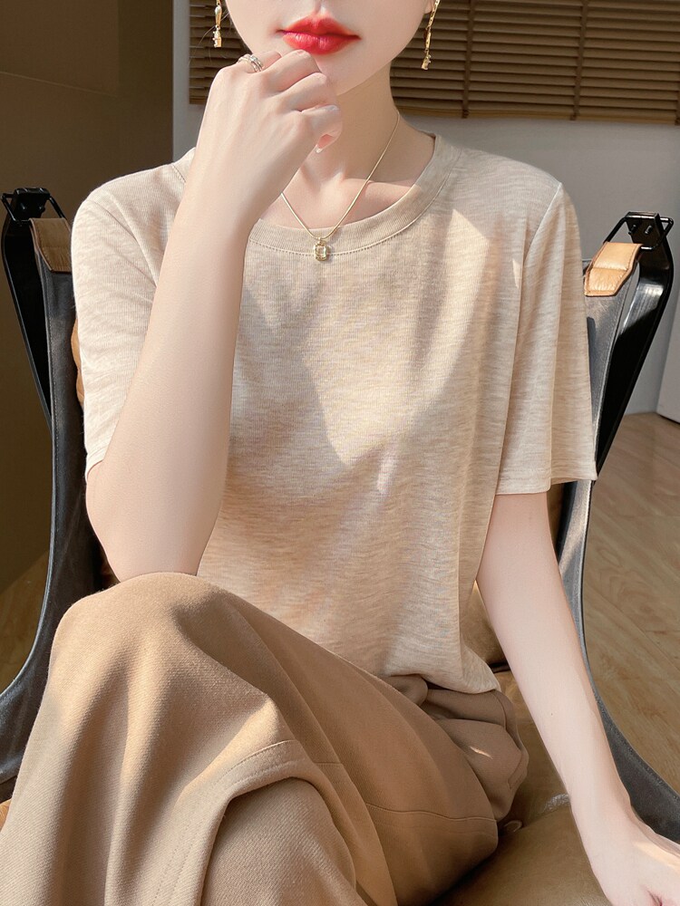 简约圆领百搭显瘦短袖内搭上衣女,针织衫/毛衣,绒宛羊绒