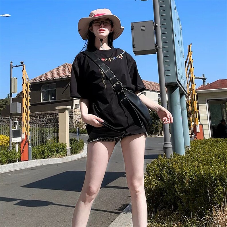 万针全刺绣工艺抖音得物高品质260克重磅纯棉双纱美式高街短袖T恤,男装T恤,电商A486-1
