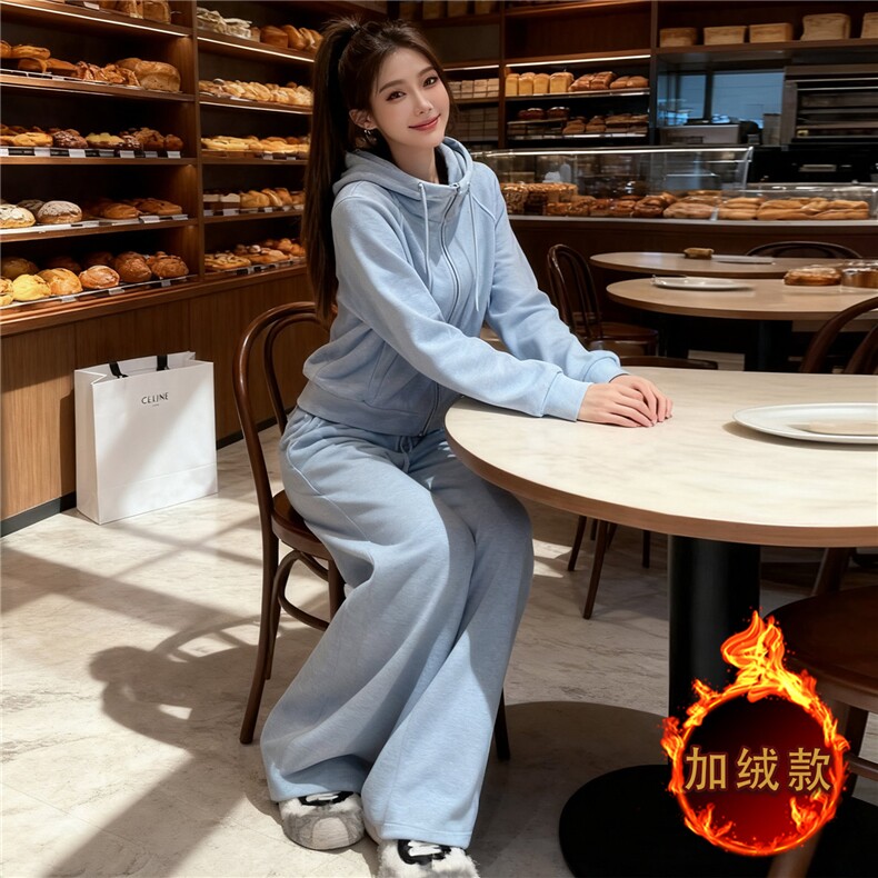 韩系气质休闲运动套装女秋冬新款拉链开衫连帽卫衣直筒长裤两件套,女装套装/套裙,江南