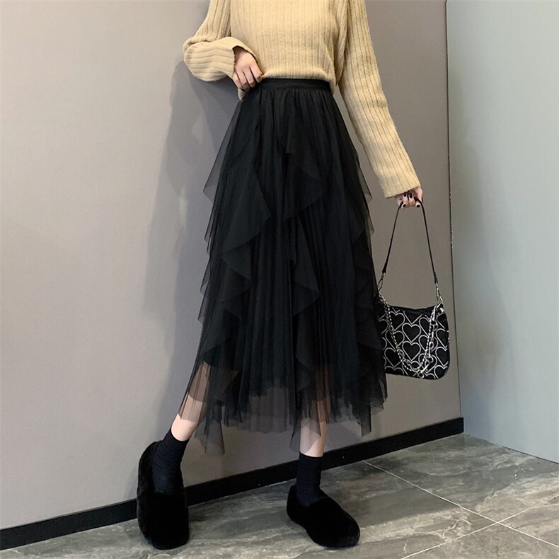 秋冬新款韩版网纱半身裙百搭时尚中长裙子女生,女装半身裙,潮品会