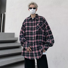 港味长袖防晒衬衣男女秋季慵懒风休闲宽松显瘦格子衬衫外套上衣，男装防晒衣，星座716-2