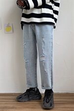 夏季九分牛仔裤男生直筒宽松破洞韩版潮流休闲潮牌浅裤子，男装牛仔裤，电商A318