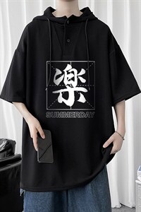 LD54197-P45 连帽短袖t恤男大码胖子带帽五分袖中袖图片