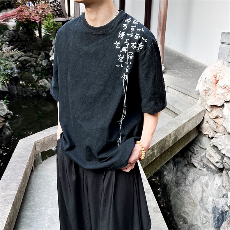 夏季新款现货风中式圆领文字刺绣流苏上衣T062-P35-控58,男装T恤,电商A021