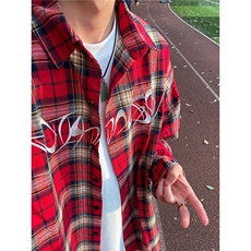 美式高街刺绣红色格子长袖衬衫男衬衣西海岸情侣外套HH06P34，男装衬衫，星座1013-5
