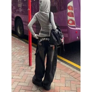 冬美式复古后背爱心印花宽松阔牛仔裤长裤男女 L2045 P53图片