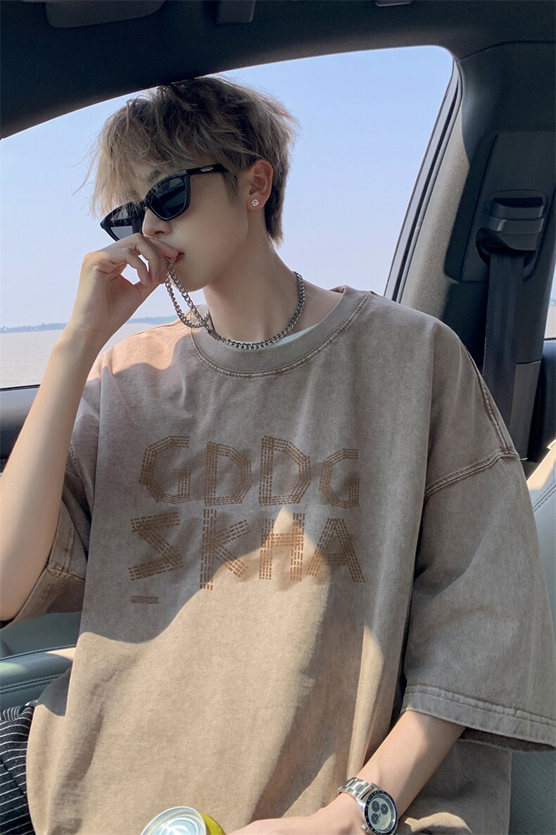 外景重磅水洗夏季日系大码宽松短袖T恤男做旧打底体恤SX00119/P35,男装T恤,电商B316
