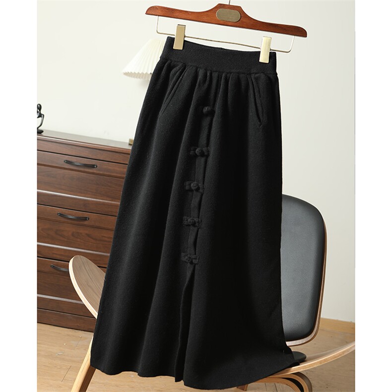 优雅复古盘扣半身裙简约百搭显瘦A字裙高腰显高长裙气质淑女风，女装半身裙，江杉羊绒