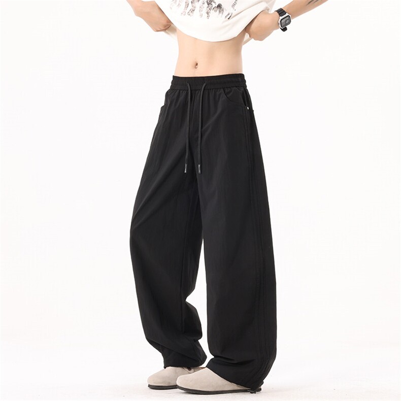 B353 25678 P55 夏季新款冰丝皱弯刀条纹裤裤大口袋男士休闲裤 黑图片