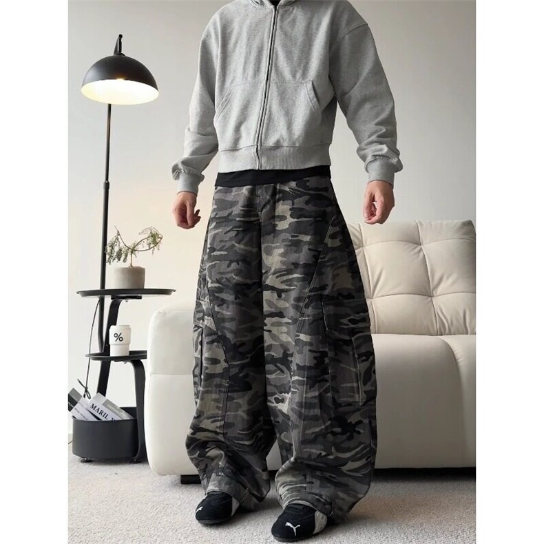 【弯刀灰迷彩】cleanfit美式高级复古做旧宽松灰迷彩弯刀工装裤图片