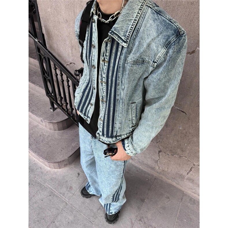 复古美式条纹牛仔夹克小众宽松短款牛仔上衣外套秋季LJK89411-P73,男装工装外套,星座1008