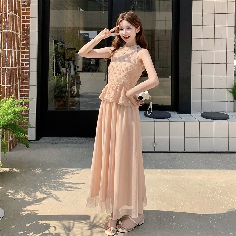 新中式粉色提花无袖上衣套装女2025夏新款高级感半身裙显瘦两件套,女装连衣裙,2C267