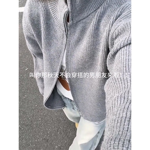 重磅秋冬北极绒双拉链毛衣开衫美式复古休闲慵懒风宽松针织衫外套图片