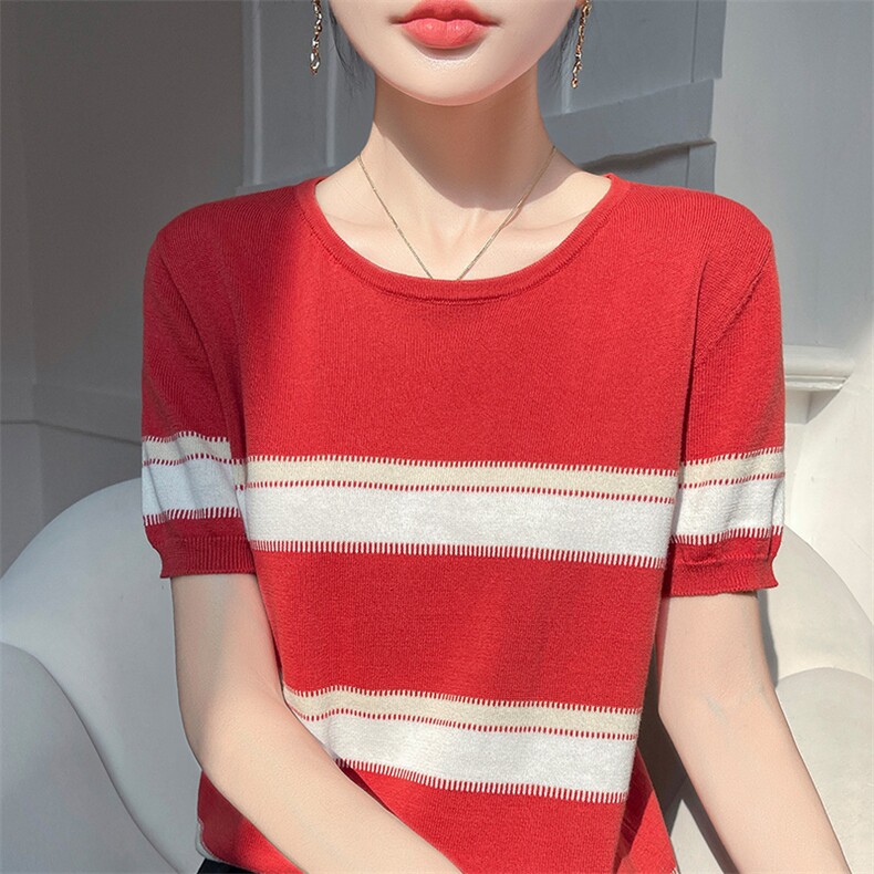 2025新款条纹t恤女春季纯棉短袖宽松韩版显瘦针织上衣短款打底衫，女装T恤，郡淞羊绒
