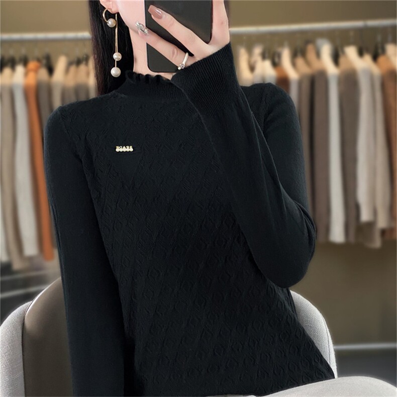 时尚百搭黑色高领毛衣女秋冬新款修身显瘦长袖针织衫打底衫上衣，女装针织衫/毛衣，暖姿羊绒