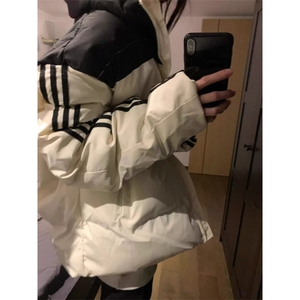 美式复古拼接条纹棉服棉衣女冬季外套小众街头学生加厚保暖面包服图片