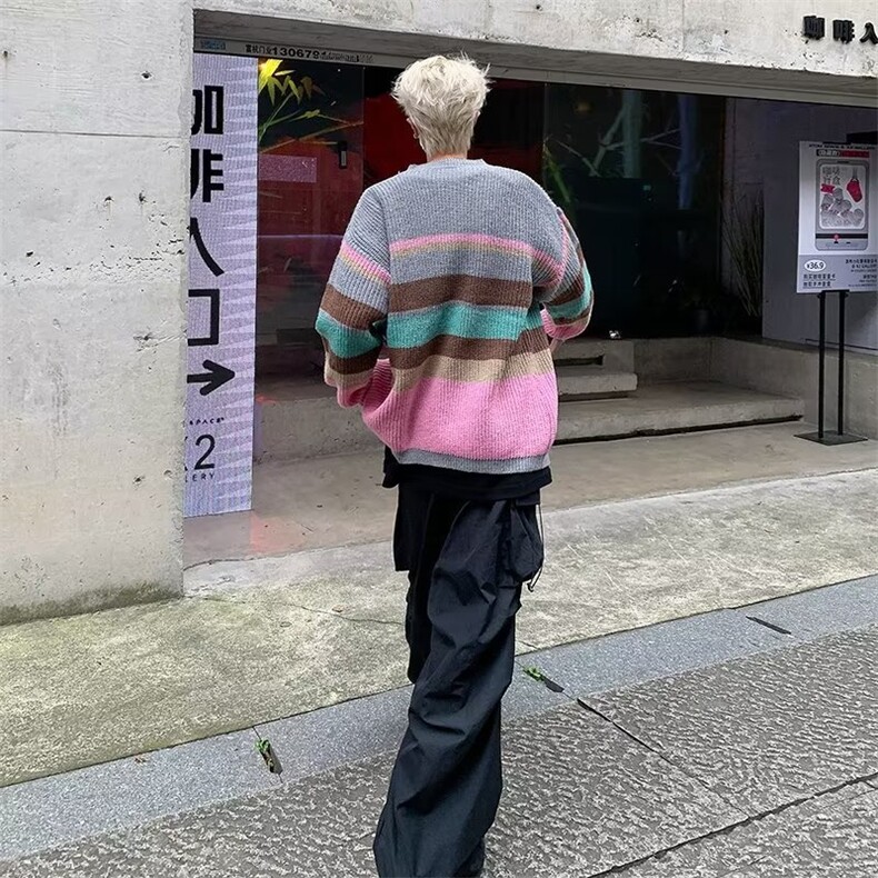 美式彩色条纹毛衣冬季针织衫软糯宽松拼色设计MY213P45,男装针织衫/毛衣,星座1116-2