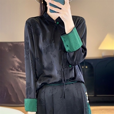 2024年秋季纯色九分袖简约女士斜盘扣立领衬衫，女装衬衫，绒宛羊绒