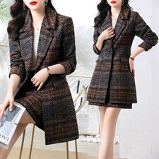 毛呢西装两件套女连衣裙2024秋冬季新款套装裙韩版修身高级感外套，女装套装/套裙，罗得堡