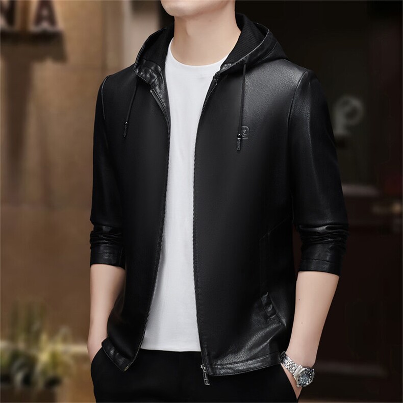 皮尔卡丹男士2025年春季新款潮流连帽机车上衣服休闲皮夹克外套男,男装夹克,电商B212（原钱塘6029）