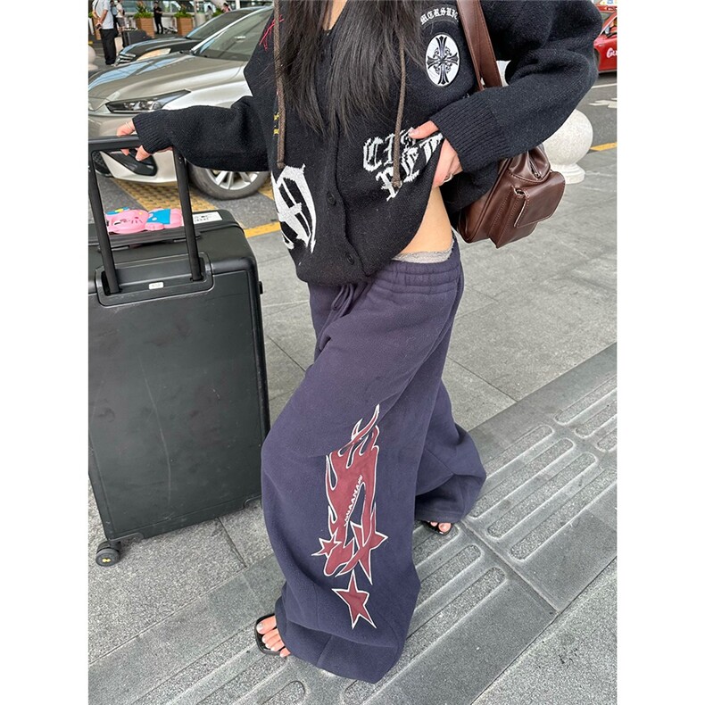 自制美式设计感火焰印花抽绳阔腿卫裤男女宽松休闲百搭长裤,男装休闲裤,星座1210-1