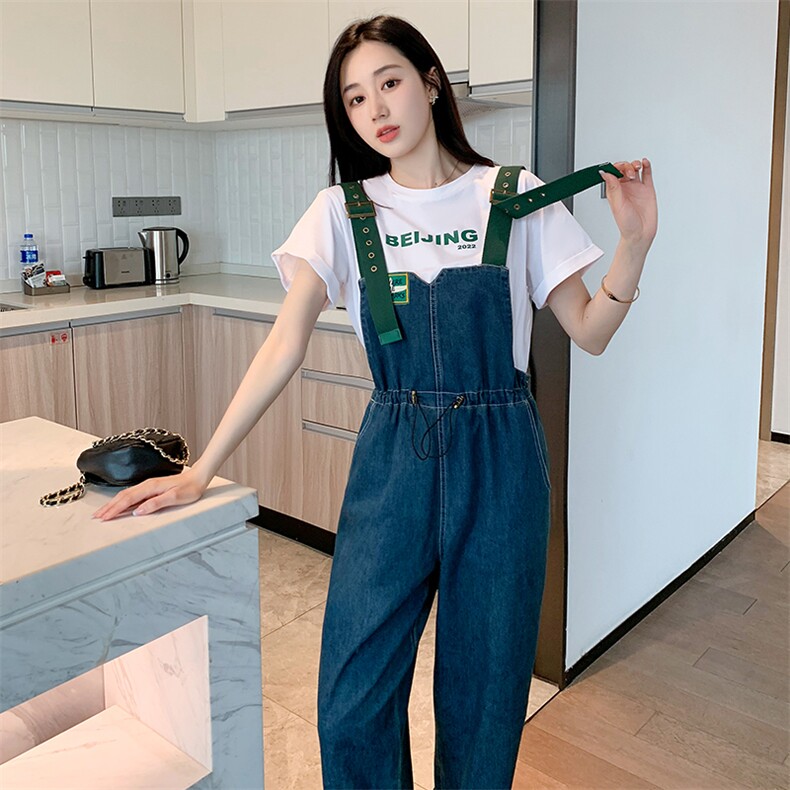 小个子桔梗背带裤女夏季洋气减龄直筒牛仔裤高腰可盐可甜阔腿裤子,女装牛仔裤,梦懿尔