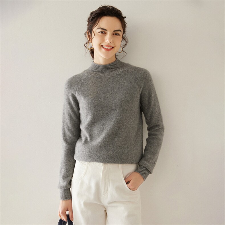 2024新款羊绒衫女半高领宽松纯色内搭针织打底衫秋冬加厚亮片毛衣，女装羊绒衫，轩妮羊绒