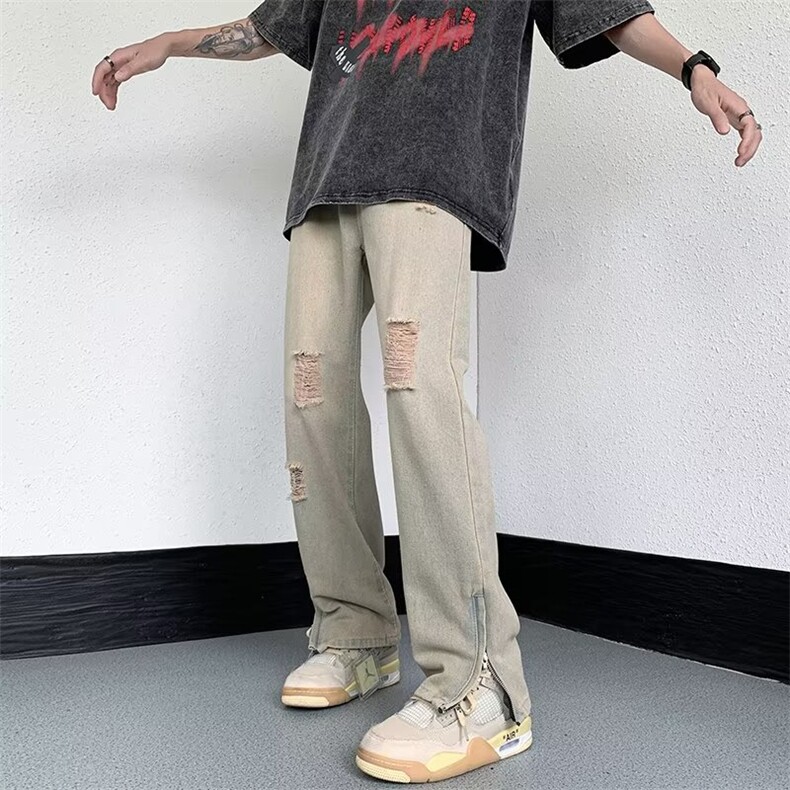 美式高街牛仔裤男韩版潮流帅气裤脚开衩2023新款ins长裤RK577-P43,男装牛仔裤,星座412-3