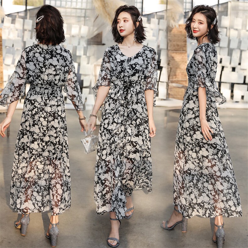 连衣裙夏季圆领印花松紧腰时尚简约个性潮流中长款，女装连衣裙，韩蔻秀