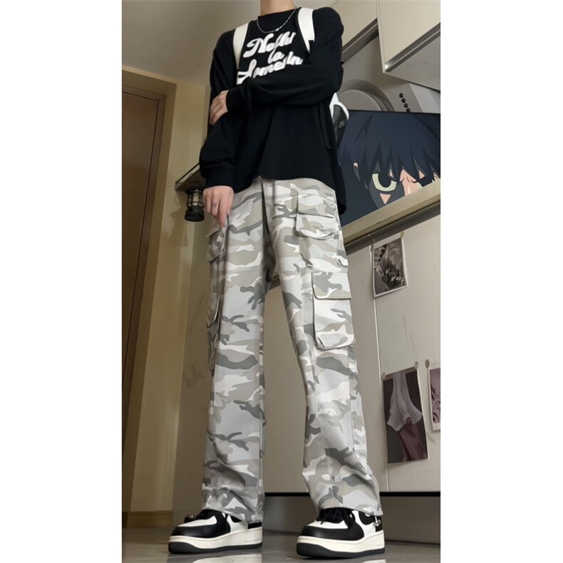 韩水洗做旧口袋阔腿宽松休闲伞兵裤迷彩口袋工装裤FK03P45,男装工装外套,电商D256