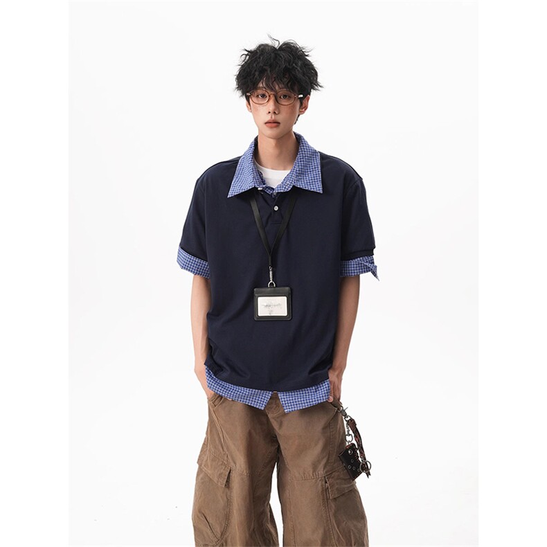 得物抖音高品质二开夏季美式潮牌高街假两件格子衬衣翻领短袖T恤,男装T恤,电商A486