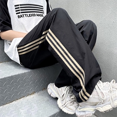 港风夏款男冰丝速干裤洞洞款三条杠条纹宽松休闲长裤h5004P40，男装休闲裤，星座1013-1