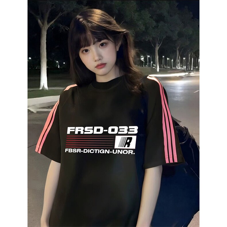 抖音得物品质二开240克宽松纯棉美式潮牌印花三条杠中性风短袖T恤,男装T恤,电商A486-1
