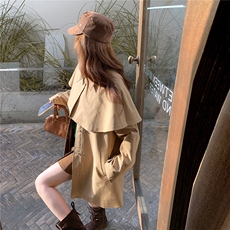 卡其色中长款斗篷风衣女2025秋季新款英伦风复古宽松小个子外套潮，女装皮衣，2D008