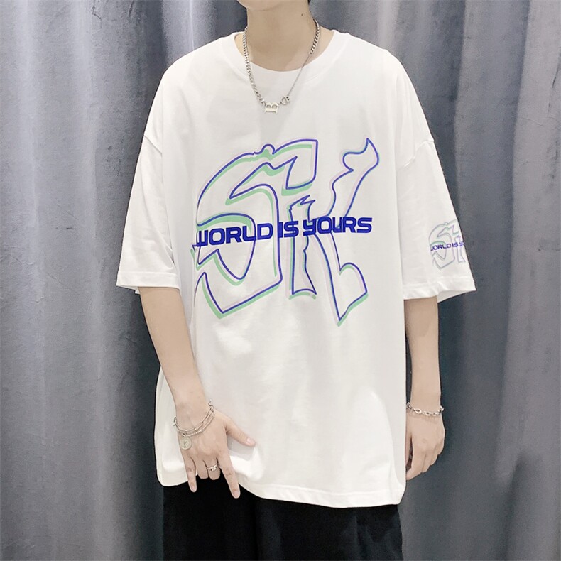 潮流原创设计款字母印花短袖T恤大码宽松男潮517A-1-T912-P28控38,男装T恤,星座517A-1