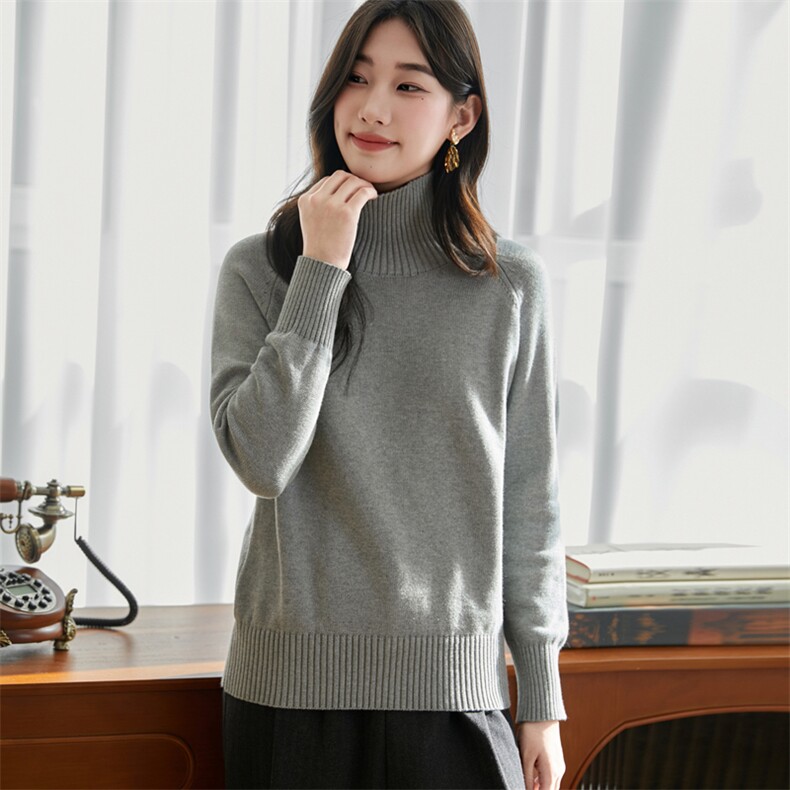 简约风高领100纯棉针织毛衣女宽松舒适25秋冬加厚保暖内搭打底衫,针织衫/毛衣,彩羽羊绒