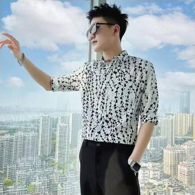 薄款冰丝拼接格子衬衫男士夏季修身痞帅翻领五分袖衬衣CS112,男装衬衫,星座1116A-2（原606A-1）