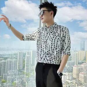 薄款冰丝拼接格子衬衫男士夏季修身痞帅翻领五分袖衬衣 CS112图片