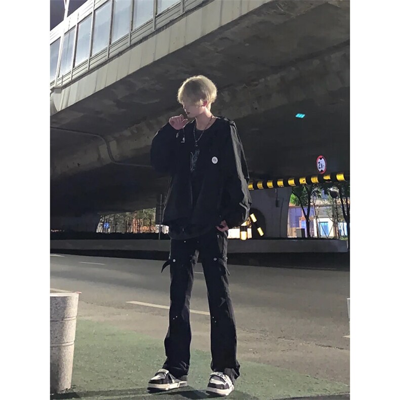 美式hiphop裤子高街vibe交叉绑带牛仔裤修身直筒微喇叭裤,男装牛仔裤,星座310A-4