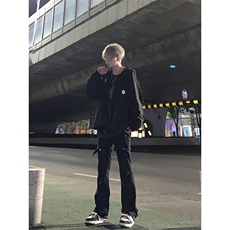 美式hiphop裤子高街vibe交叉绑带牛仔裤修身直筒微喇叭裤，男装牛仔裤，星座310A-4