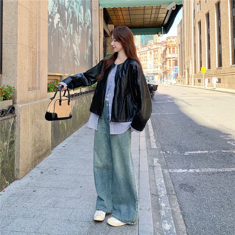 小众甜酷风假两件皮衣女秋2025新款小个子休闲显瘦PU皮短外套,女装皮衣,2D043