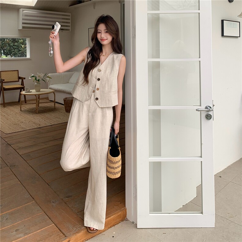 主推新款老钱风法式气质棉麻不规则扣子女套装2216-p195-k299，女装套装/套裙，网红馆
