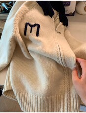 秋冬新款翻领开衫女拉链宽松M字母polo领针织衫韩版毛衣外套，女装羊毛衫，德聚羊绒